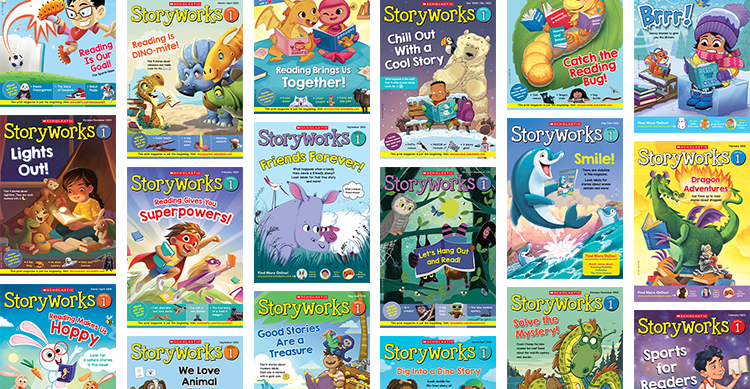 Collage of Storyworks 1 magazine covers with colorful illustrated characters and reading themes