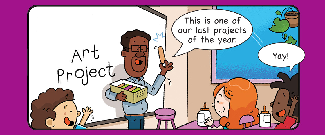 Illustration of art teacher announcing to students that it's time for last project of the year
