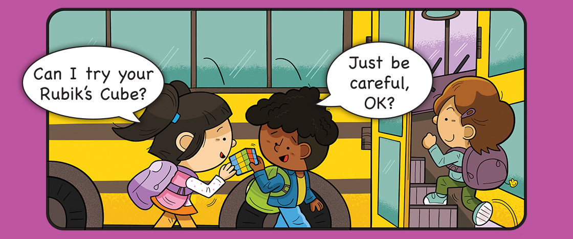 Illustration of a friend asking to try another's rubix cube