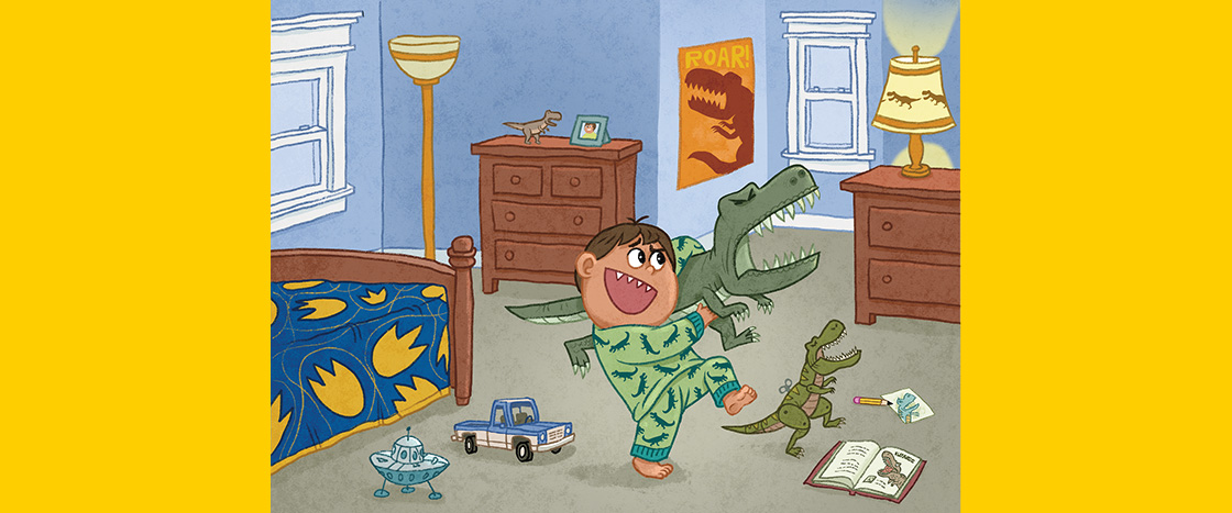 Illustration of a kid playing with their toy dinosaur in their room