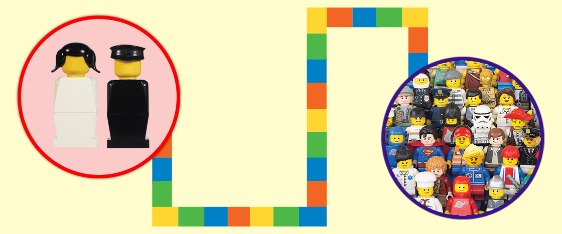 Image showing the two original Lego People and now to today's variety