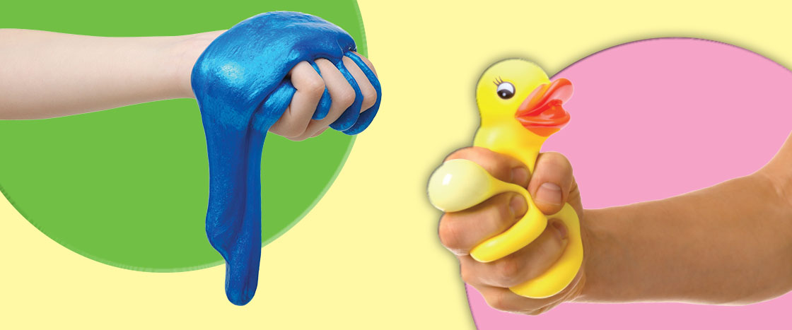 Image of a hand holding slime and hand holding squishie