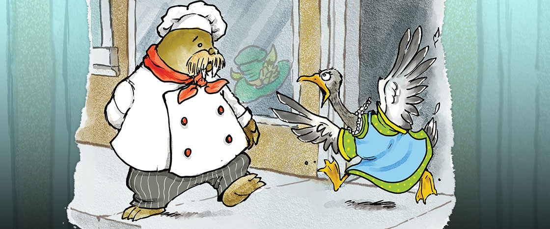 Illustration of ostrich yelling at chef walrus