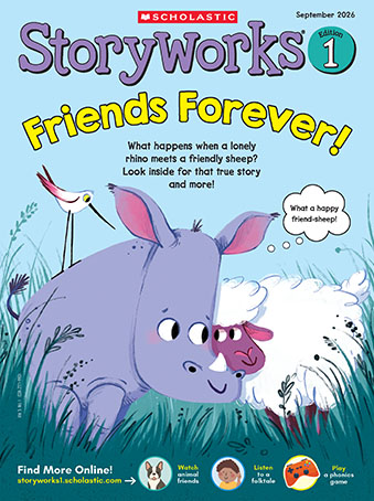 Cover of Storyworks Edition 1, a rhino and a sheep sit together in tall grass with a bird perched on the rhino