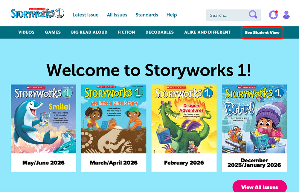 The Storyworks 1 teacher dashboard shows four recent magazine issue covers