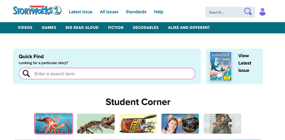 The Scholastic Storyworks 1 website homepage with navigation, a search bar, and Student Corner thumbnails